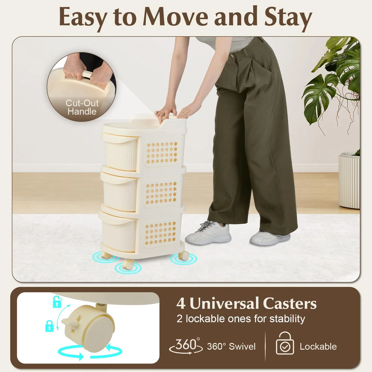 GIANTEX Carrito Auxiliar con Ruedas con 3/4 Cajones, Cajonera de Almacenamiento de Plástico con Paneles Perforados Laterales, 6 Ganchos, Carro Organizador para Salón, Dormitorio (3 Cajones)