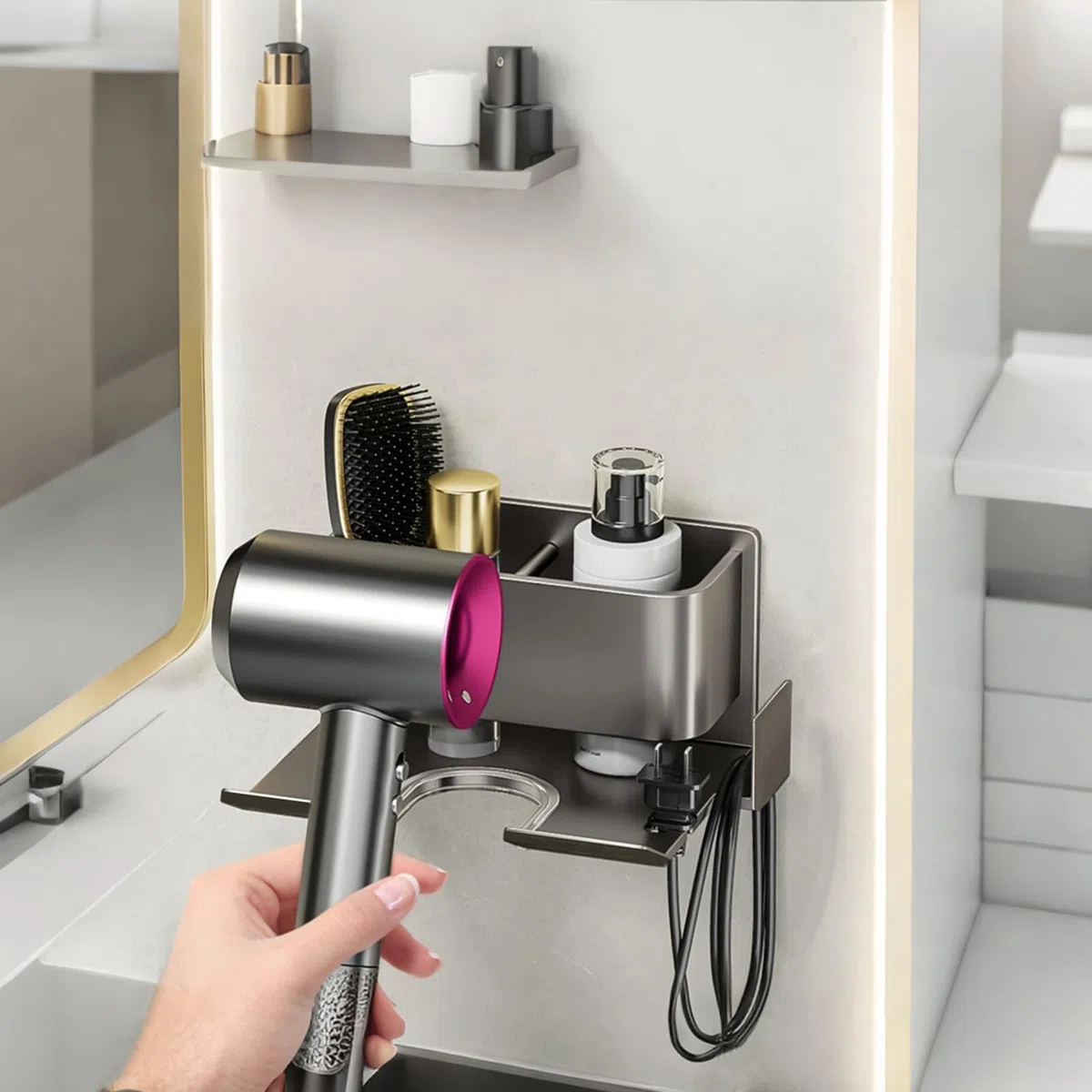 Soporte para secador de pelo, montaje en pared, soporte de almacenamiento de aluminio de alta calidad para secadores de pelo, herramientas de peinado y accesorios con gestión de cables, apto