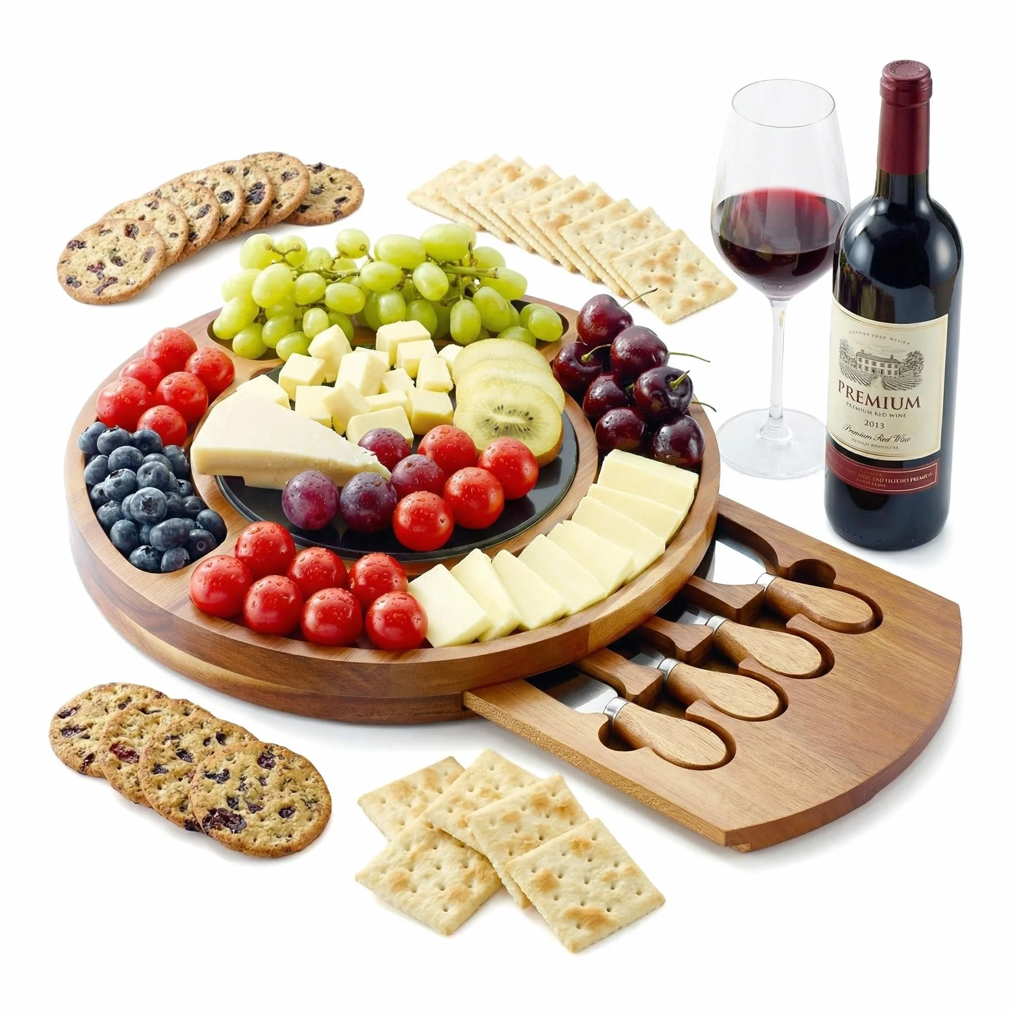 RAXCO Juego de regalo de tabla de queso de madera de acacia con placa de pizarra, tabla redonda de embutidos de 32 cm con cajón oculto y 4 cuchillos de queso especializados