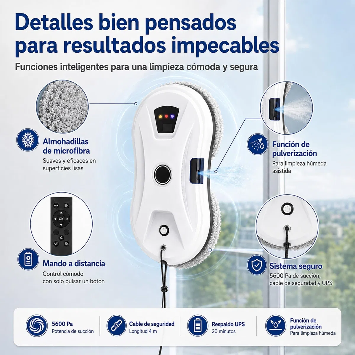 Roboclean Osmo Limpiacristales,Roboclean Osmo Cristales | Istema de Aspiración Potente Detecta Bordes Control Remoto para Ventanas y Espejos