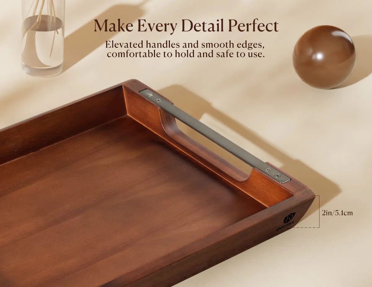 Bandeja de Servir de Madera de Acacia con Asas de Metal, Bandeja de Madera para Alimentos y Bebidas para la Mesa de Café, Desayuno, Cena y Bar, Bandeja de Almacenamiento Decorativa Rústica