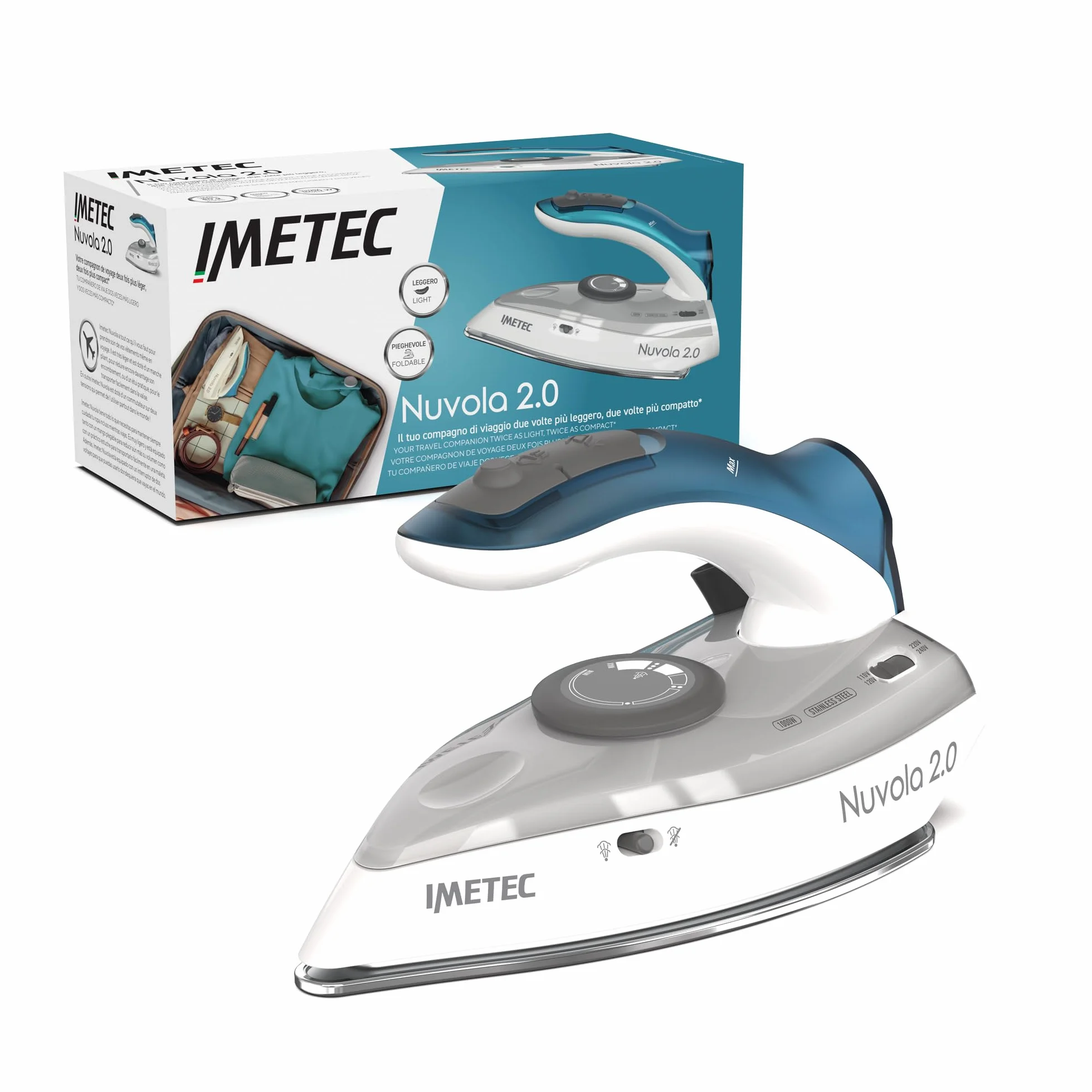 Imetec Nuvola 2.0 - Plancha de vapor de viaje - Suela de acero inoxidable - 1000 vatios - Compacta y ligera - Mango plegable - Maletín de viaje - Doble voltaje - Carrera de vapor 80 g