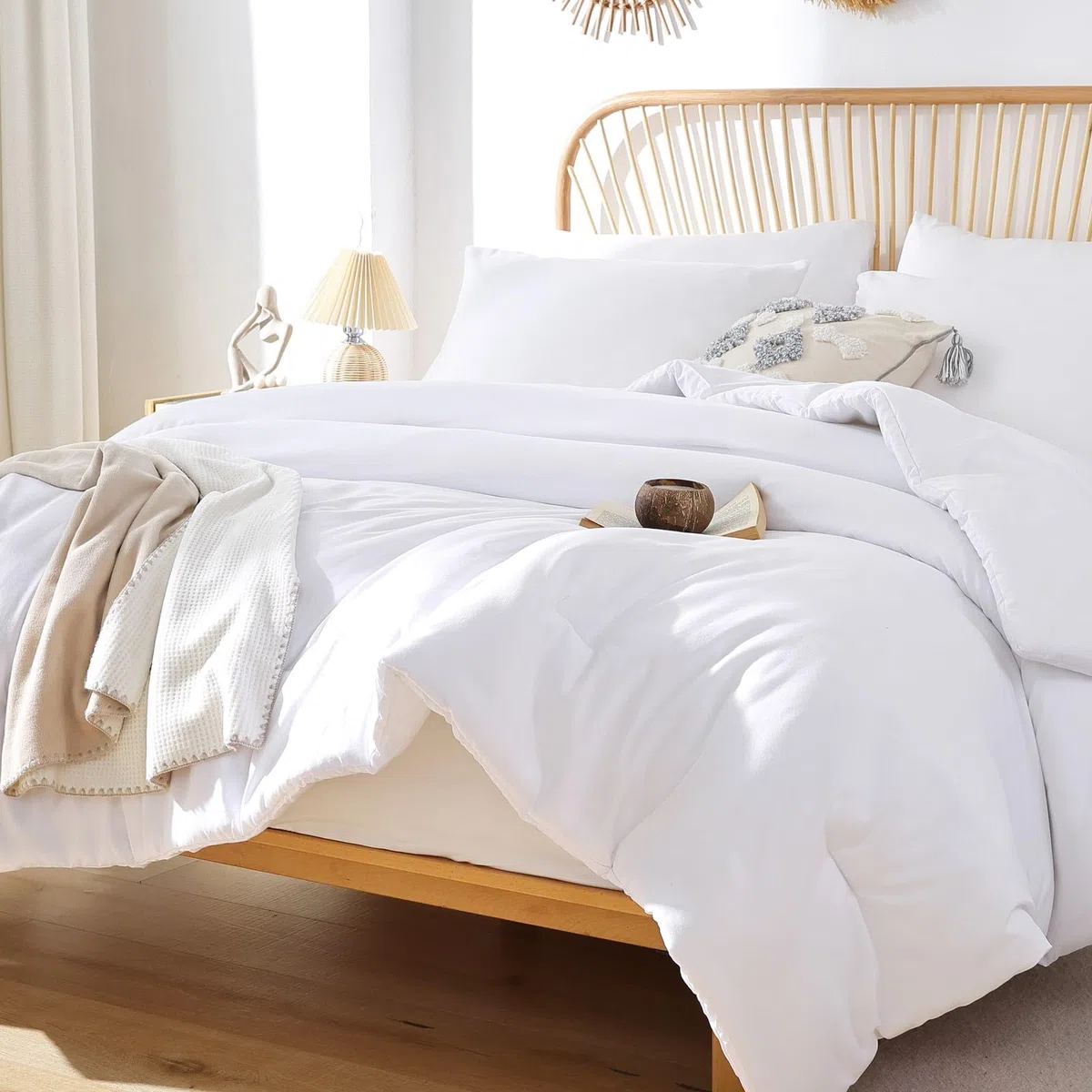 ROSGONIA Juego de edredón California King Blanco, 3 Piezas (1 edredón Bohemio Cal King y 2 Fundas de Almohada), Ropa de Cama de Hotel para Todas Las Estaciones