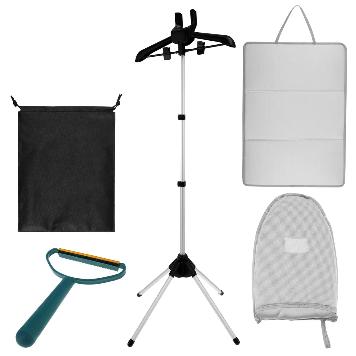 Percha para plancha de vapor, giratorio 360°, soporte de vapor plegable, soporte de vapor portátil para ropa, plancha de vapor de mano con guante de planchado, altura ajustable de 84 a 160 cm