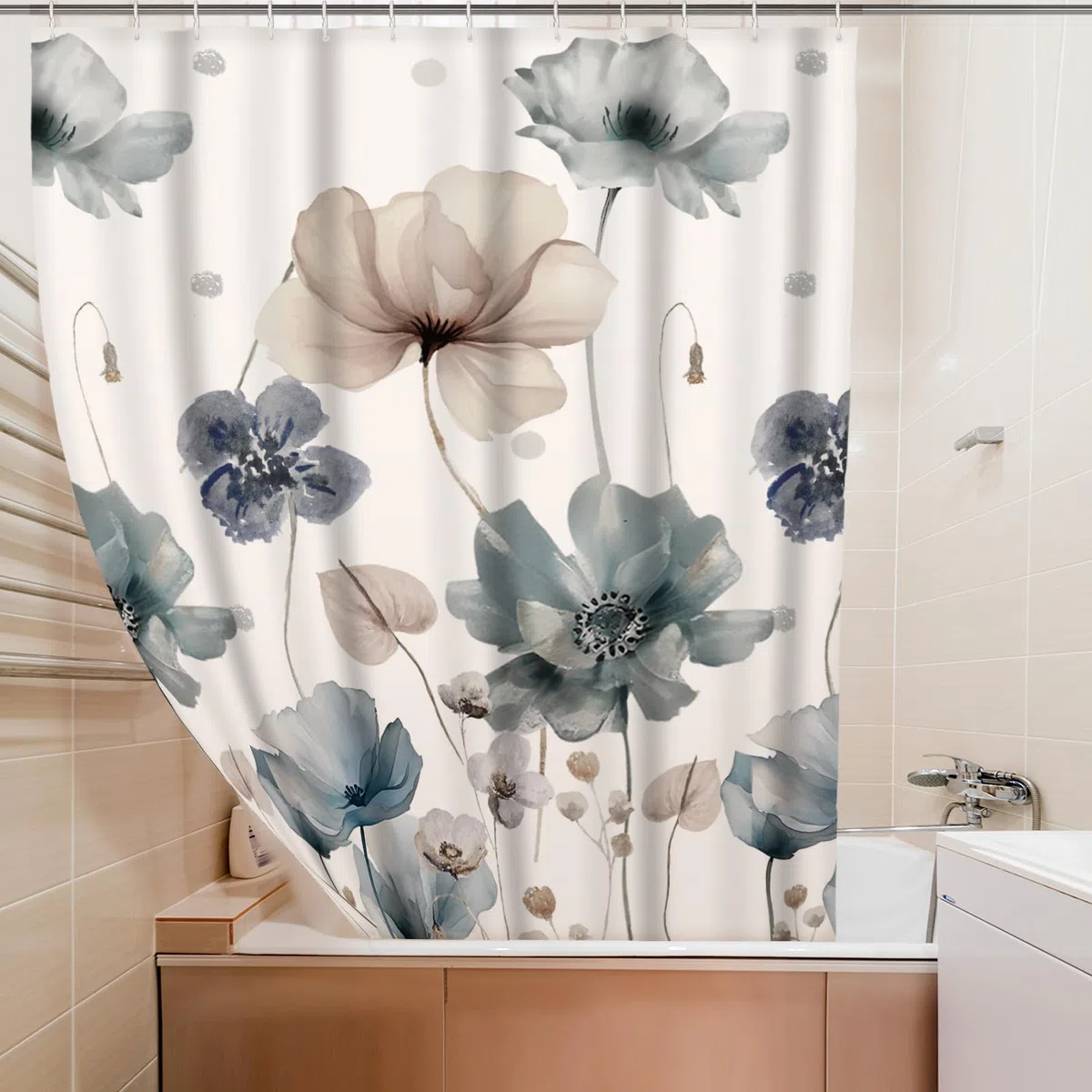 Newwiee Juego de 7 cortinas de ducha con diseño floral bohemio para decoración de baño, cortina de ducha y tapetes, toallas, alfombrilla de inodoro, impermeable, accesorios de baño de acuarela