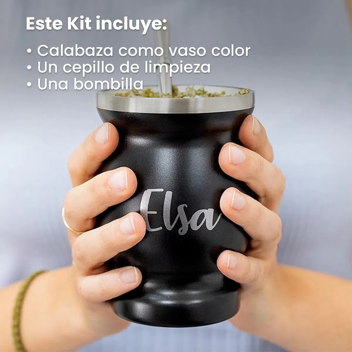 Regalo Original - Kit Mate Argentino de Acero Inoxidable - Calabaza BlancoPersonalizable con Nombre - Vaso 250 ml de Doble Pared, Bombilla y Cepillo - Grabado Imborrable