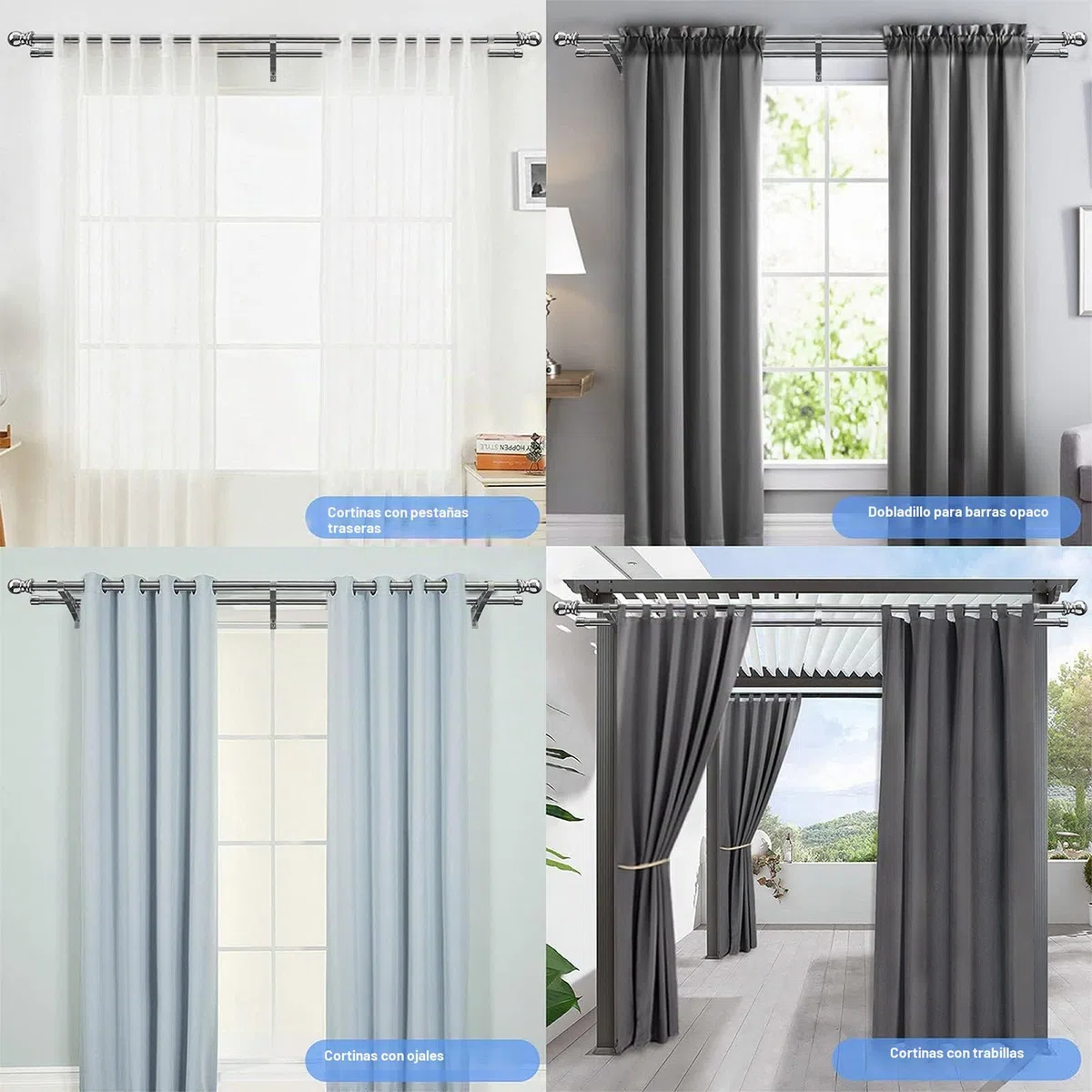 Barra de Cortina Doble Plateada - 76-186 cm, Extensible de Acero Inoxidable para Cortinas con Ojales, Opacas y de Gasa