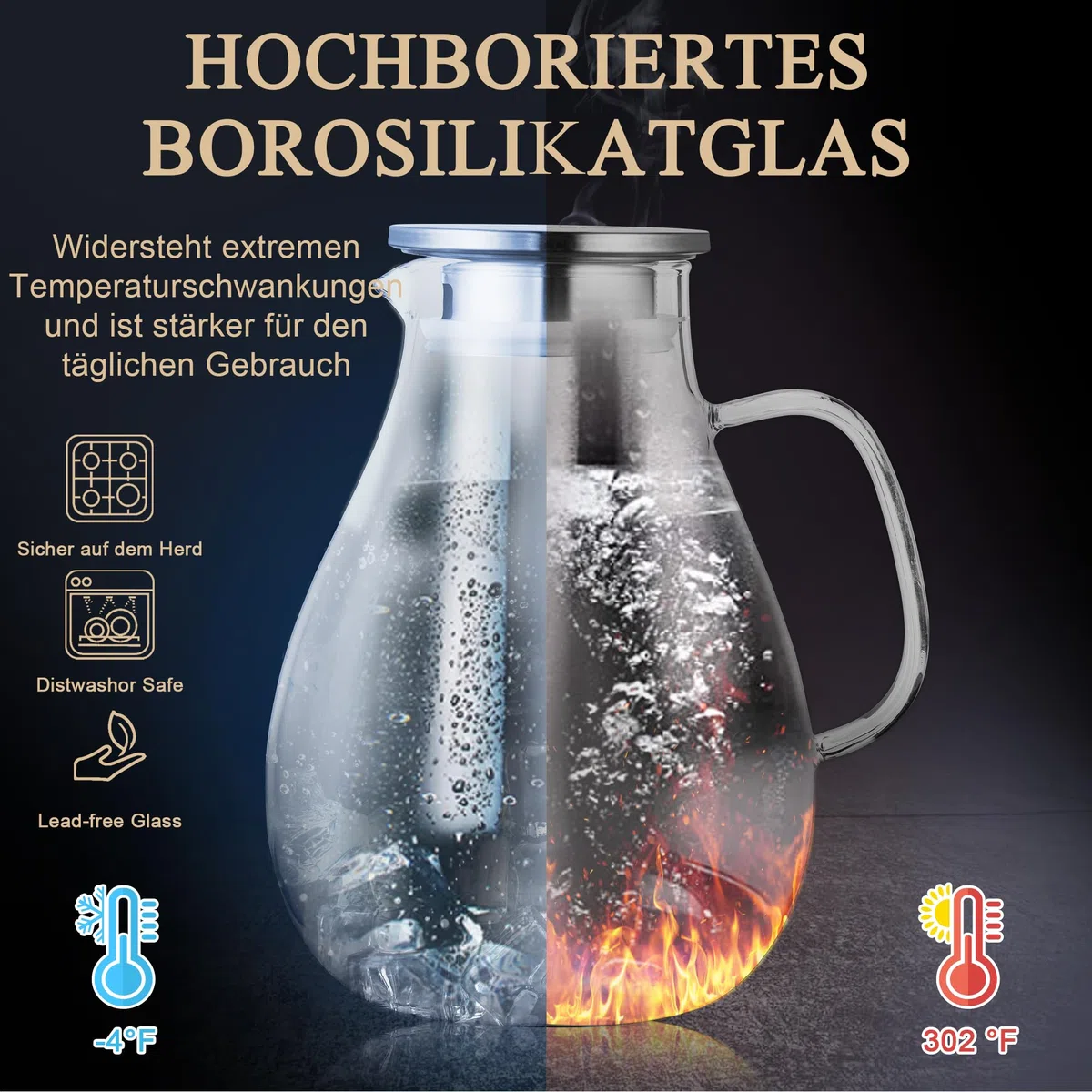 SUSTEAS Jarra de Cristal de 2,5 Litros con Tapa y Asa Ancha, Fácil de Limpiar para Frigorífico, para Agua Fría/Caliente, Té Helado, con Cepillo