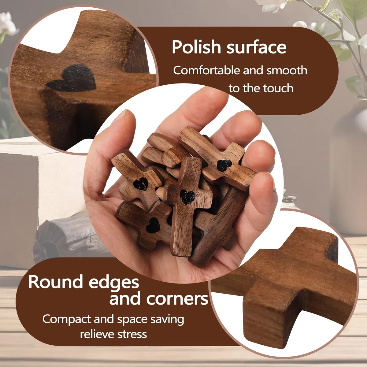 Yitexin Paquete de 5 cruces de bolsillo de madera de nogal, cruz de oración pequeña de 2 pulgadas para sostener la mano, cruz mi corazón, regalo de aliento religioso
