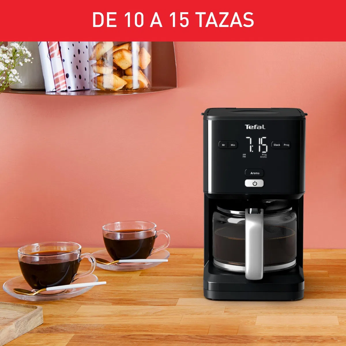 Tefal Smart N Light Cafetera Filtro, Cabezal de Extracción Extragrande, Programable 24h, Función Aroma, Apagado Automático en 30 minutos, Antigoteo, Capacidad de 1.25L, Color Negro, CM600810
