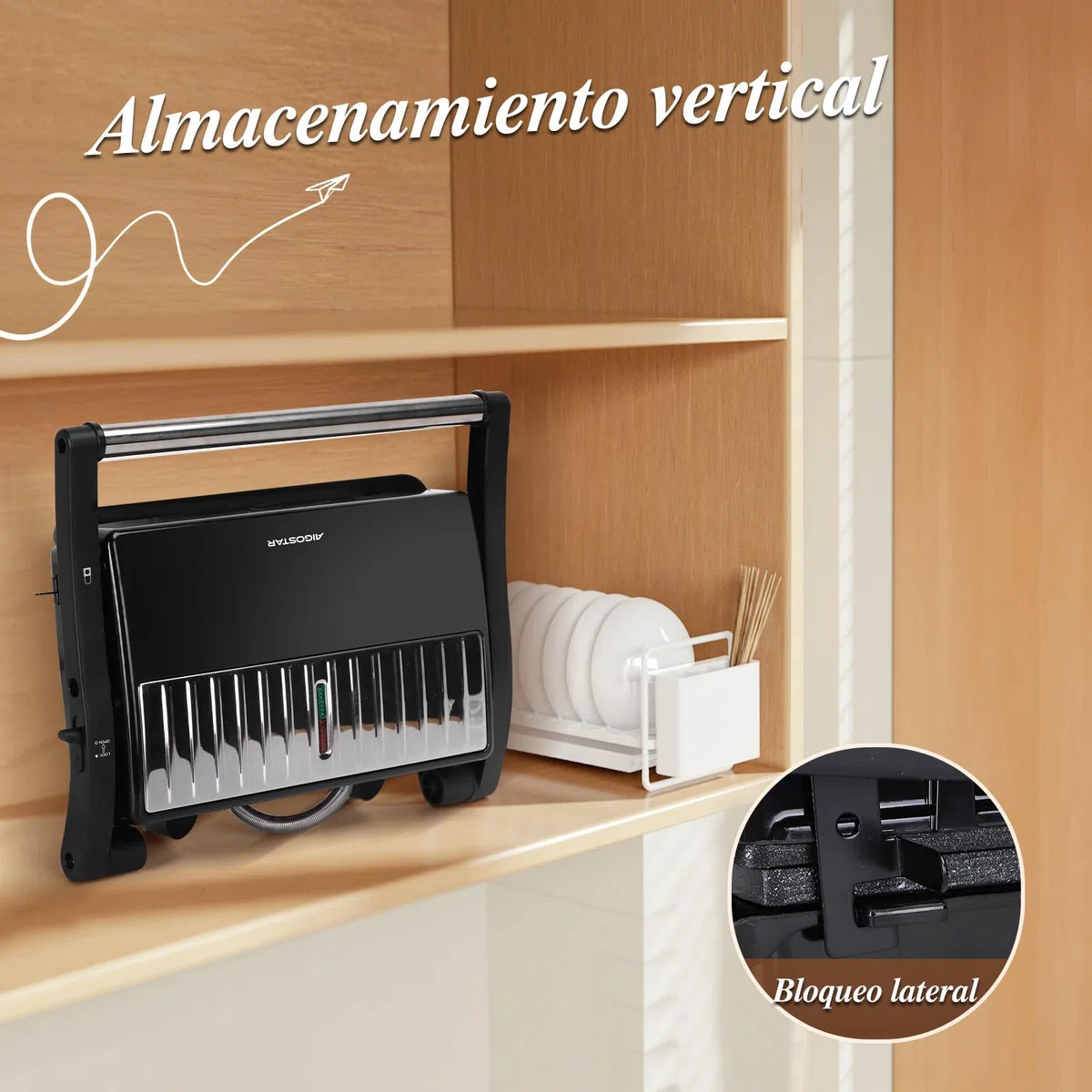 Aigostar York Pro - Sandwicheras y Panini, Parrilla Eléctrica, Grill con Placas Antiadherentes, 1000W, Apertura de 180º Dos Superficies de Cocinado de 23 x 14.5cm, Pinza de Cierre.