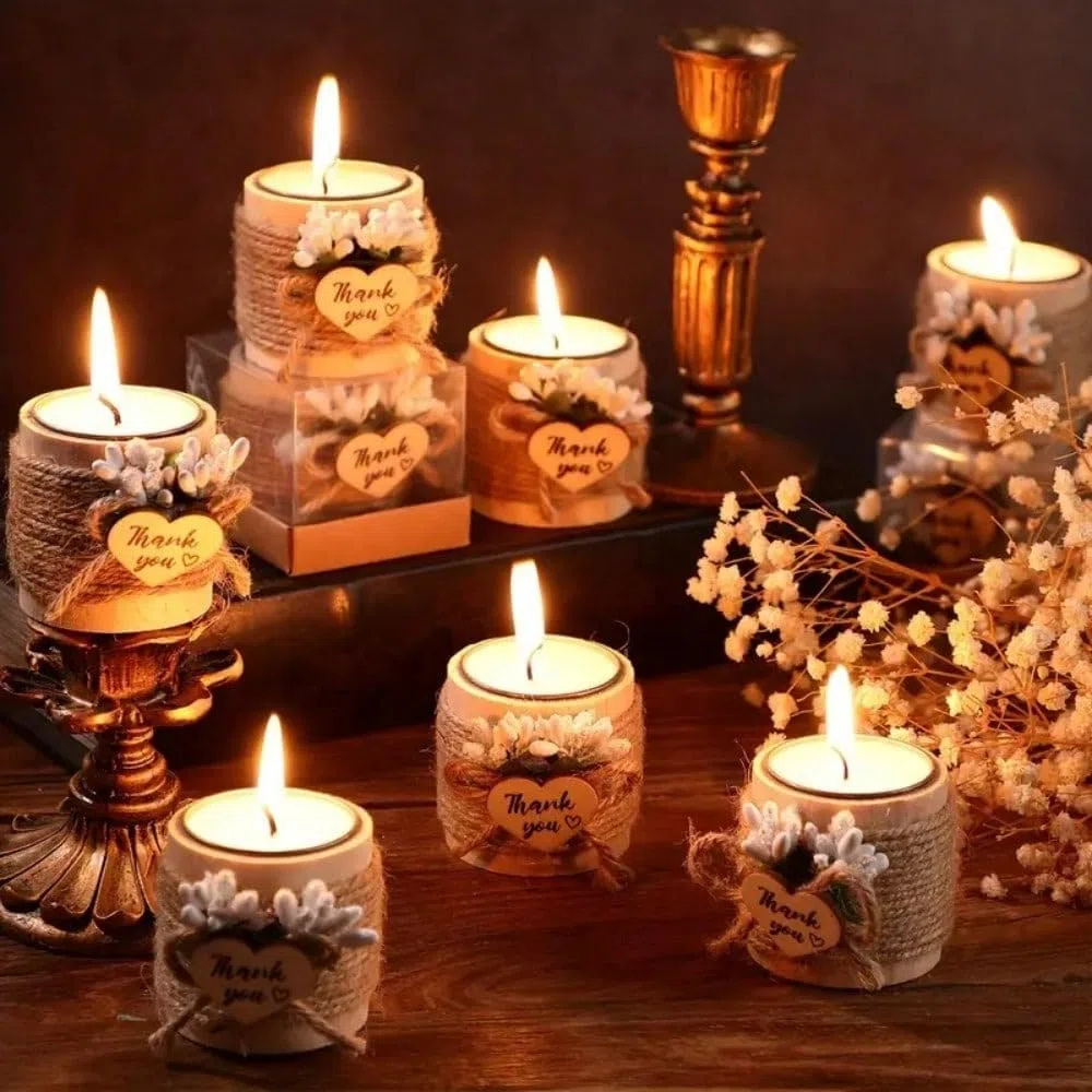 Favoritos de boda personalizados con velas, regalos de boda para invitados en paquete, portavelas de madera para tealight, boda rústica (50 piezas)