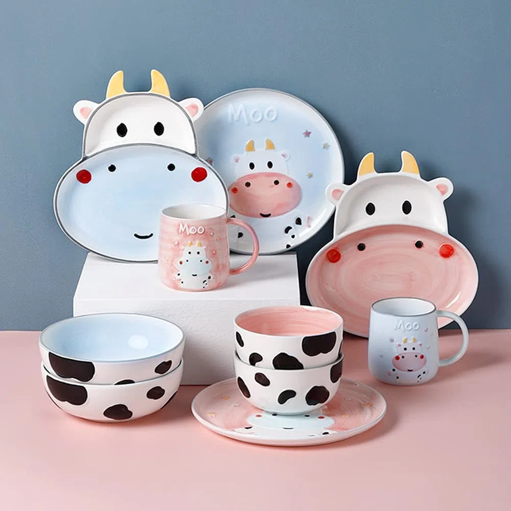 Juegos de vajilla para niños, Platos y Cuencos de Dibujos Animados de Animales, Juego de Porcelana Creativa para el hogar, Apto para lavavajillas y microondas, para 1 Persona