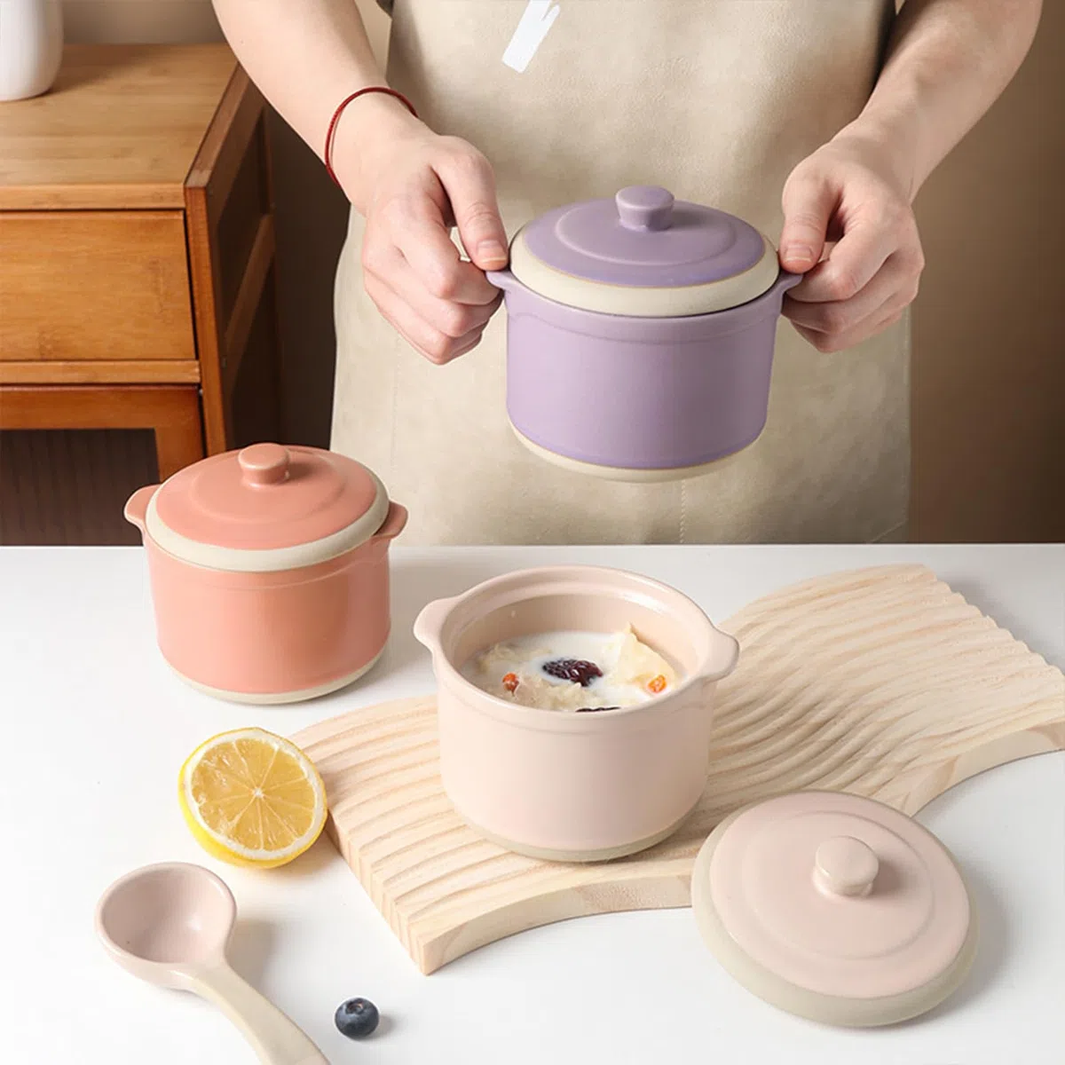 Cuenco pequeño con tapa y cuchara, 400 ml, apto para horno y microondas, tazas de caldo (color morado)
