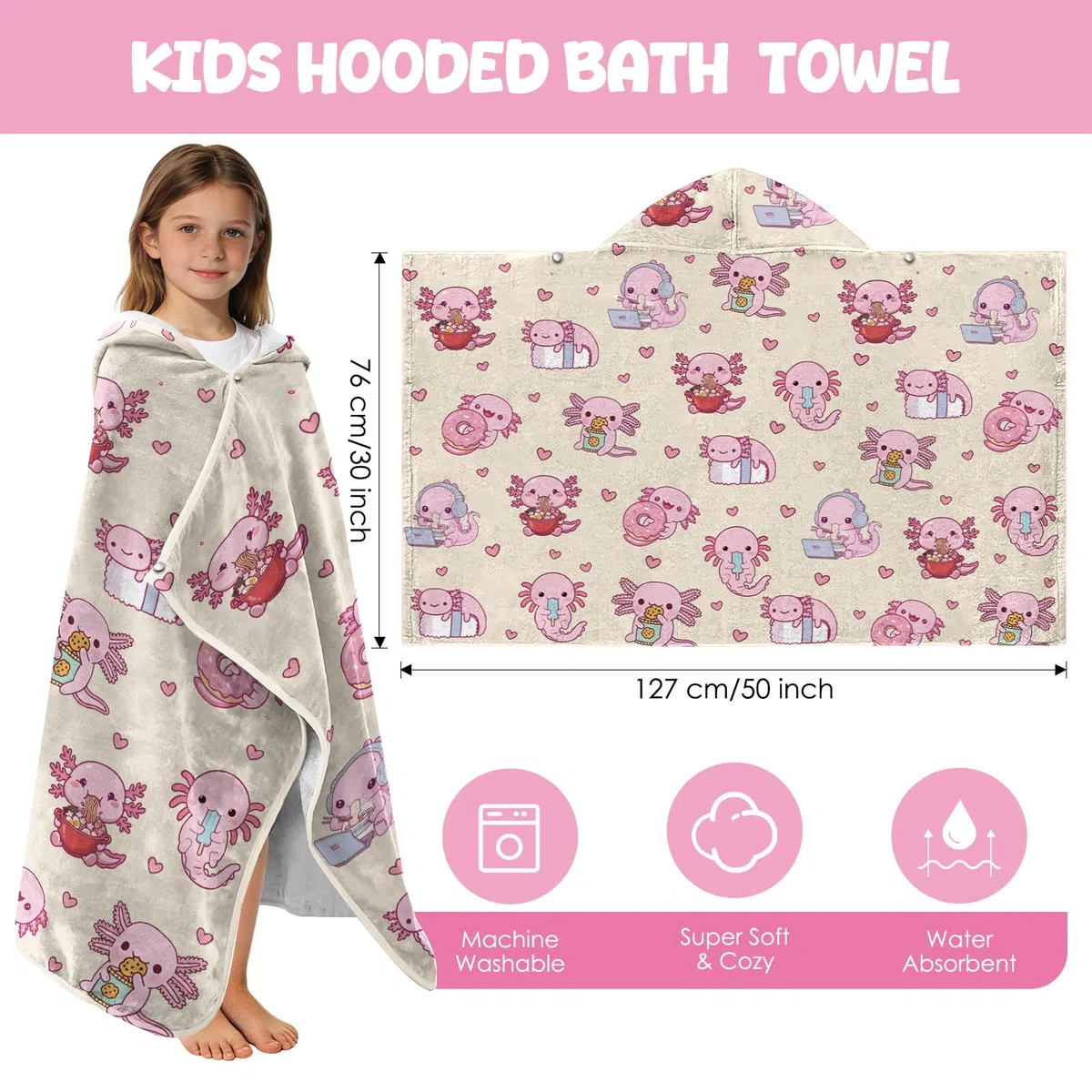 Toallas con capucha de Axolotl para niños 127x76cm Toallas estilo poncho para niños, adolescentes, toalla de playa para piscina, toalla de baño adorable con diseño de Axolotl