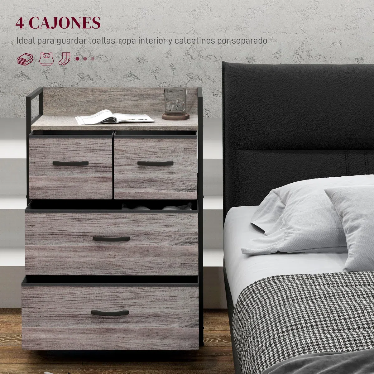 HOMCOM Cómoda con 4 Cajones de Tela Plegables, Cómoda para Dormitorio Industrial con Estante Abierto, Marco de Acero, Cajonera para Espacios Pequeños, Sala de Estar, Vestidor, Baño, Gris