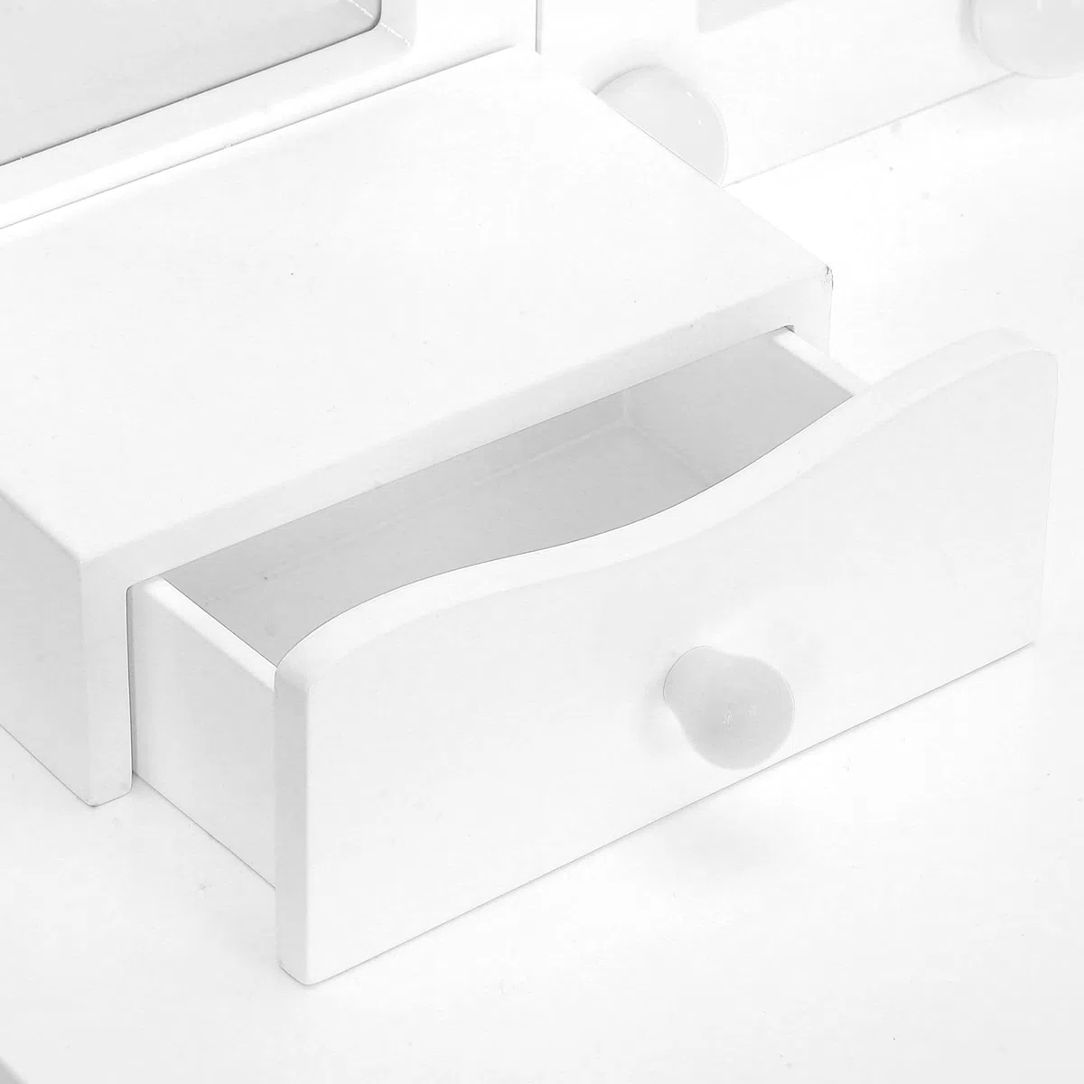 GarveeHome Tocador Infantil de Madera con Espejo LED y Taburete – Mesa de Maquillaje Blanca escandinava para niñas, 5 cajones y 4 Compartimentos Abiertos, Dormitorio o Zona de Juegos – Color Blanco