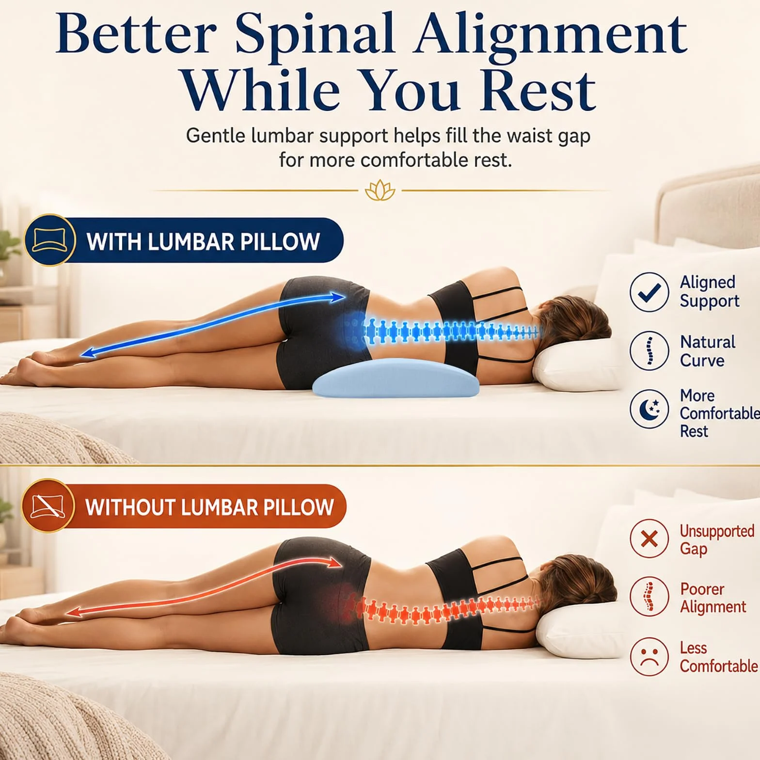 Almohada de apoyo lumbar para aliviar el dolor de espalda: almohada de espalda baja para dormir, almohada de cintura de espuma viscoelástica, almohada de cuña para dormir de lado, espalda y boca