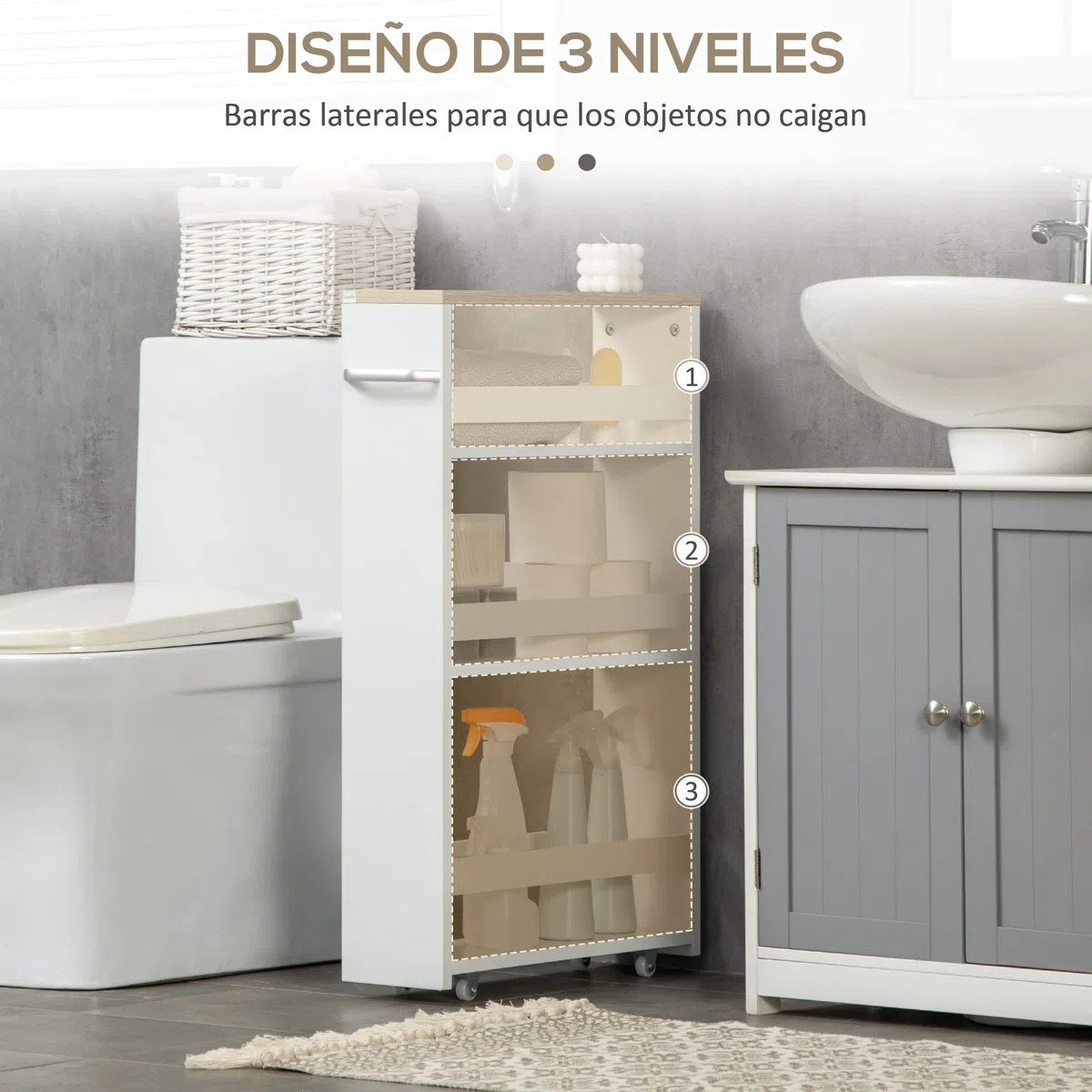 kleankin Carrito Auxiliar con Ruedas Delgado de 3 Niveles, Carrito de Cocina Estrecho con 3 Estantes, Tablero y Asa, para Comedor, Salón, Baño, 48x15x80 cm, Blanco