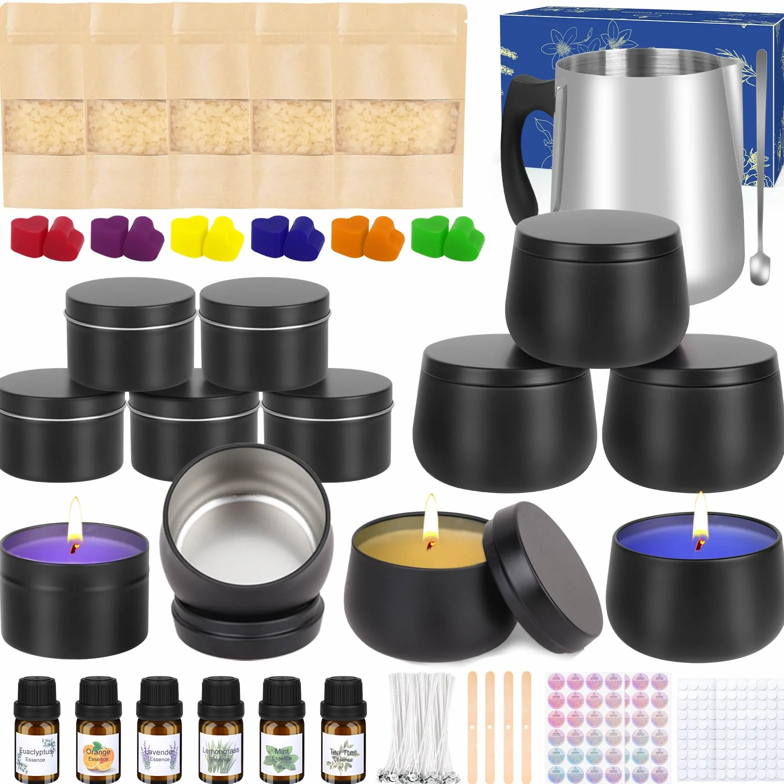 LDUMODUW Kits para Fabricación de Velas,DIY Juego Regalo para Velas,480g de cera de abeja,9 latas para velas,6 aceites esenciales,8 bloques de color,Herramientas para fundir cera (black)