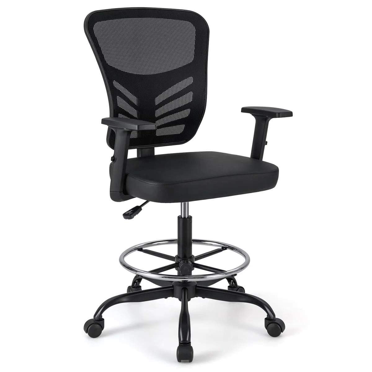 GYMAX Silla de Dibujo, Silla de Oficina Giratoria con Altura Ajustable, con Reposabrazos y Reposapiés Ajustables, Soporte Lumbar, Asiento Ergonómico, Elevador de Gas, Silla de Trabajo para Hogar
