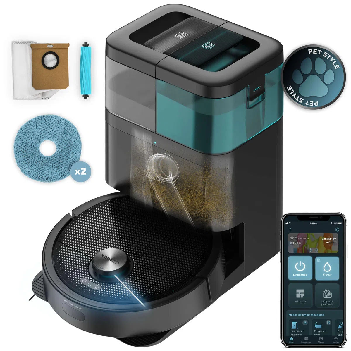 Cecotec Robot Aspirador y Friegasuelos Conga 15090 SpinArm Home&Wash. 8000Pa, App, Navegación Láser, Base Autovaciado con Tanques de Polvo y Agua, Limpieza-Secado de Mopas, Cepillo Silicona y Mopas