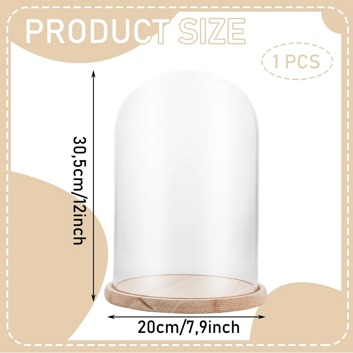 APACALI 1 campana de cristal con suelo de madera, 30 cm, campana de cristal transparente, caja de cristal, con base para luces, decoración, accesorio para el hogar
