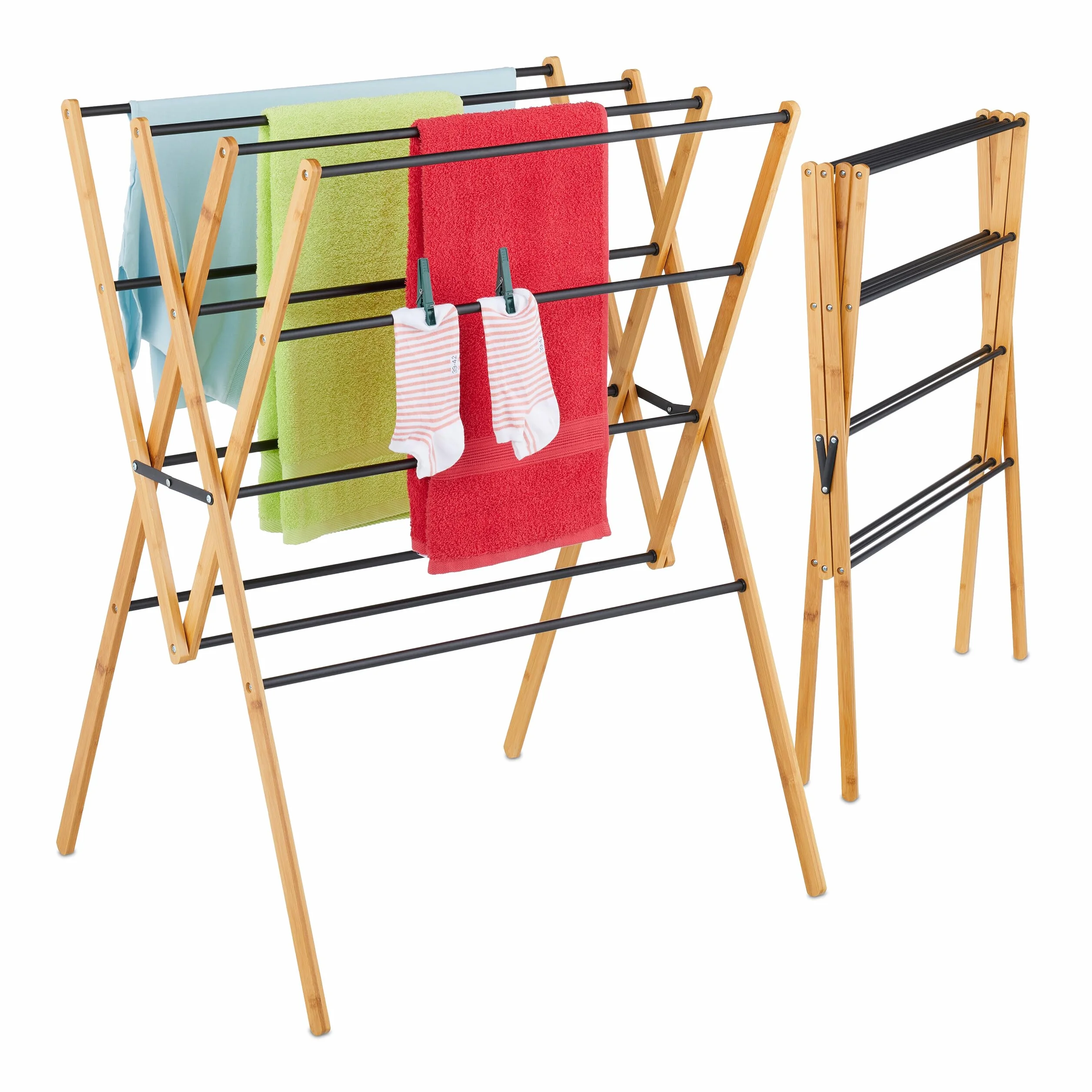 Tendedero Relaxdays, Plegable, 12 Varillas, 93 x 70 x 62 cm, bambú, Metal, Torre, Natural/Negro
