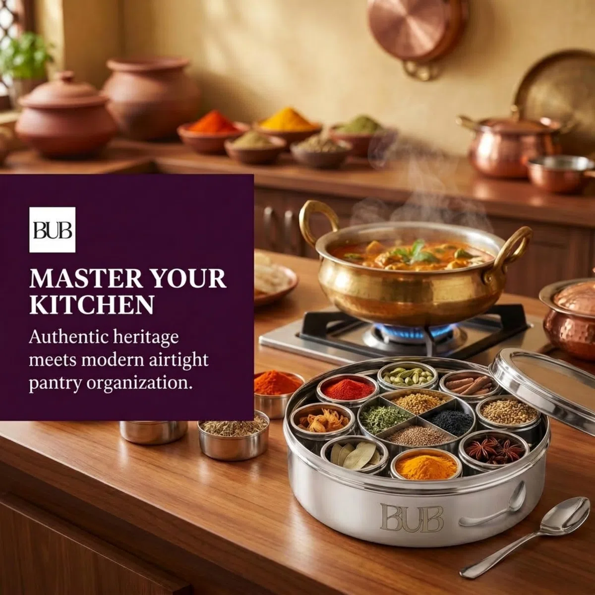 Bub: Lata grande de especias Masala Dabba de 22 cm, 9 tarros de especias con tapas individuales, capacidad para 12 especias, acero inoxidable pulido con cuchara para servir y tapas acrílicas