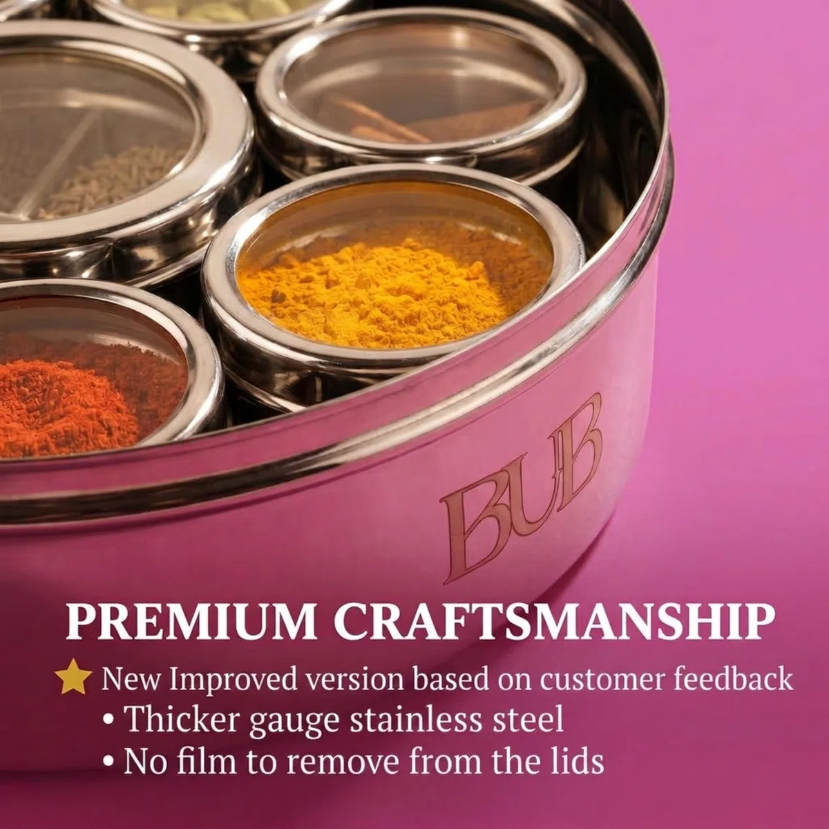 Bub: Lata grande de especias Masala Dabba de 22 cm, 9 tarros de especias con tapas individuales, capacidad para 12 especias, acero inoxidable pulido con cuchara para servir y tapas acrílicas