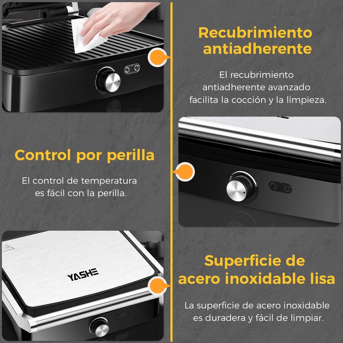 YASHE Sandwichera Eléctrica 2000W – Grill Panini y Parrilla Eléctrica Interior para Bocadillos, Carnes y Verduras – Placas Antiadherentes Grandes – Apertura 180° – Temperatura Automática – Fácil Limpi