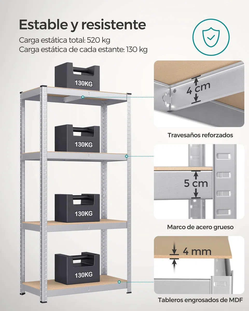 SONGMICS Estantería de 4 Niveles, Juego de 2 estanterías de Acero para Almacenamiento, Montaje sin Tornillos, para Garaje, cobertizo, Capacidad de Carga de 520 kg Cada una, 40 x 80 x 160 cm, Plata