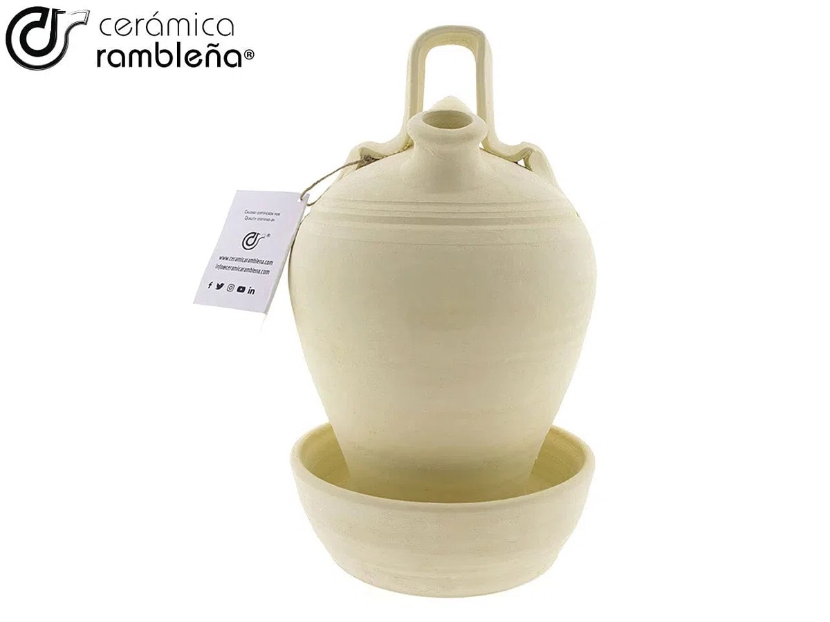CERÁMICA RAMBLEÑA | Botijo de barro tradicional base vuelta de La Rambla (Córdoba) | 100% Hecho a mano | 3 litros | ECO | Plato INCLUIDO