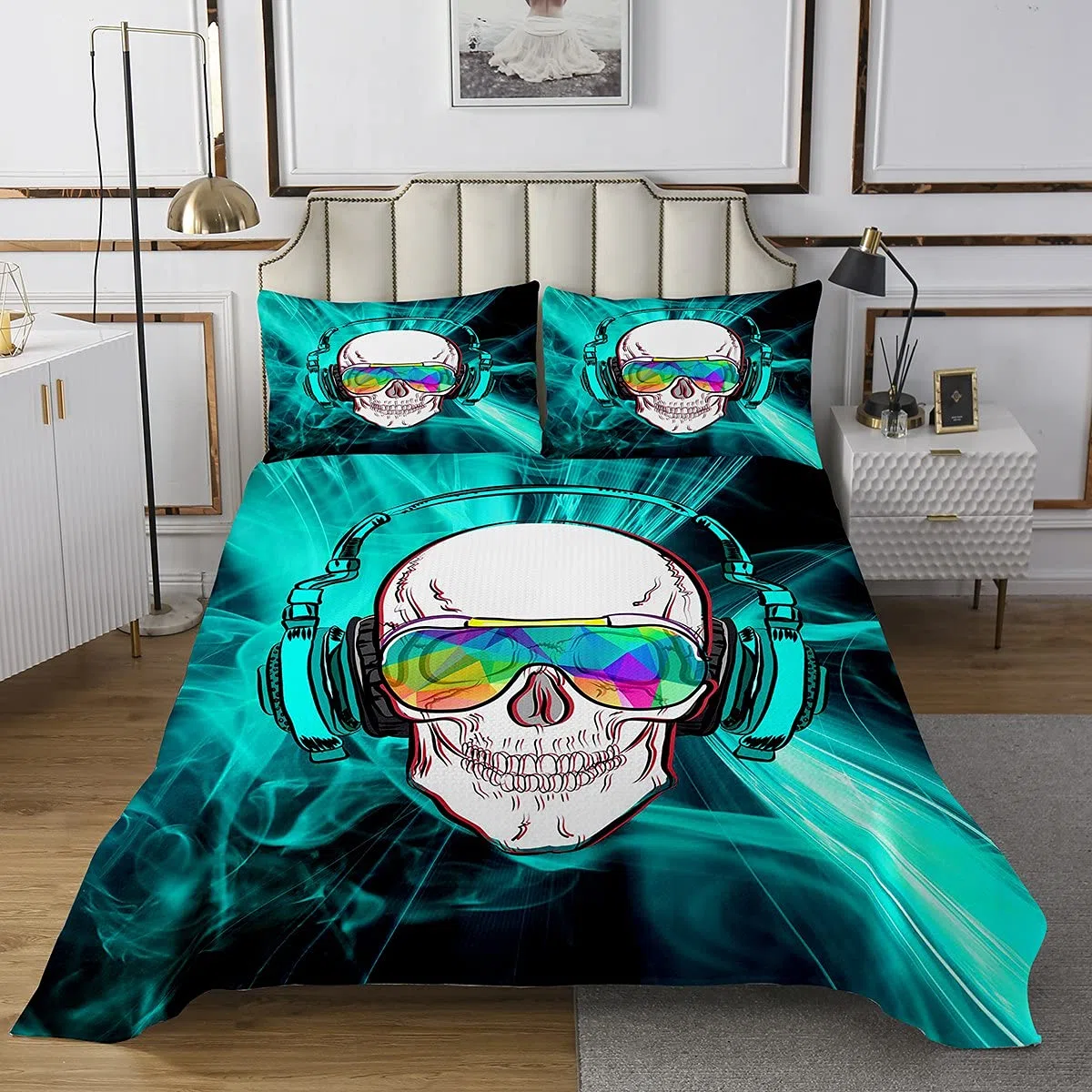 Juego de Funda de Calavera niños,de Esqueleto,de Hip-Hop,Colcha Acolchada niños,Dormitorio,Individual 1 Funda de Almohada
