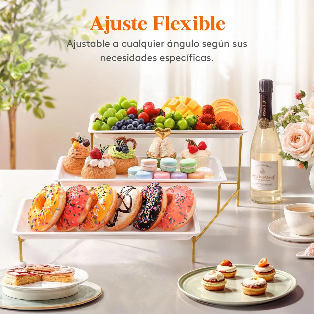 Lifewit Bandeja de servir de bambú de 3 niveles, 36 x 17 cm, bandeja de servir con soporte de metal dorado para suministros de fiesta, accesorios de bufé, grandes bandejas reutilizables para