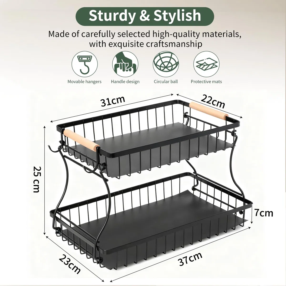 Romon Fruteros de Cocina, Cesta de Frutas de 2 Niveles con 2 Perchas de Plátano, Modernos Estantes Fruits Cuenco Verduras de Malla de Metal para Almacenamiento Mostrador Organizador Soporte, Negro