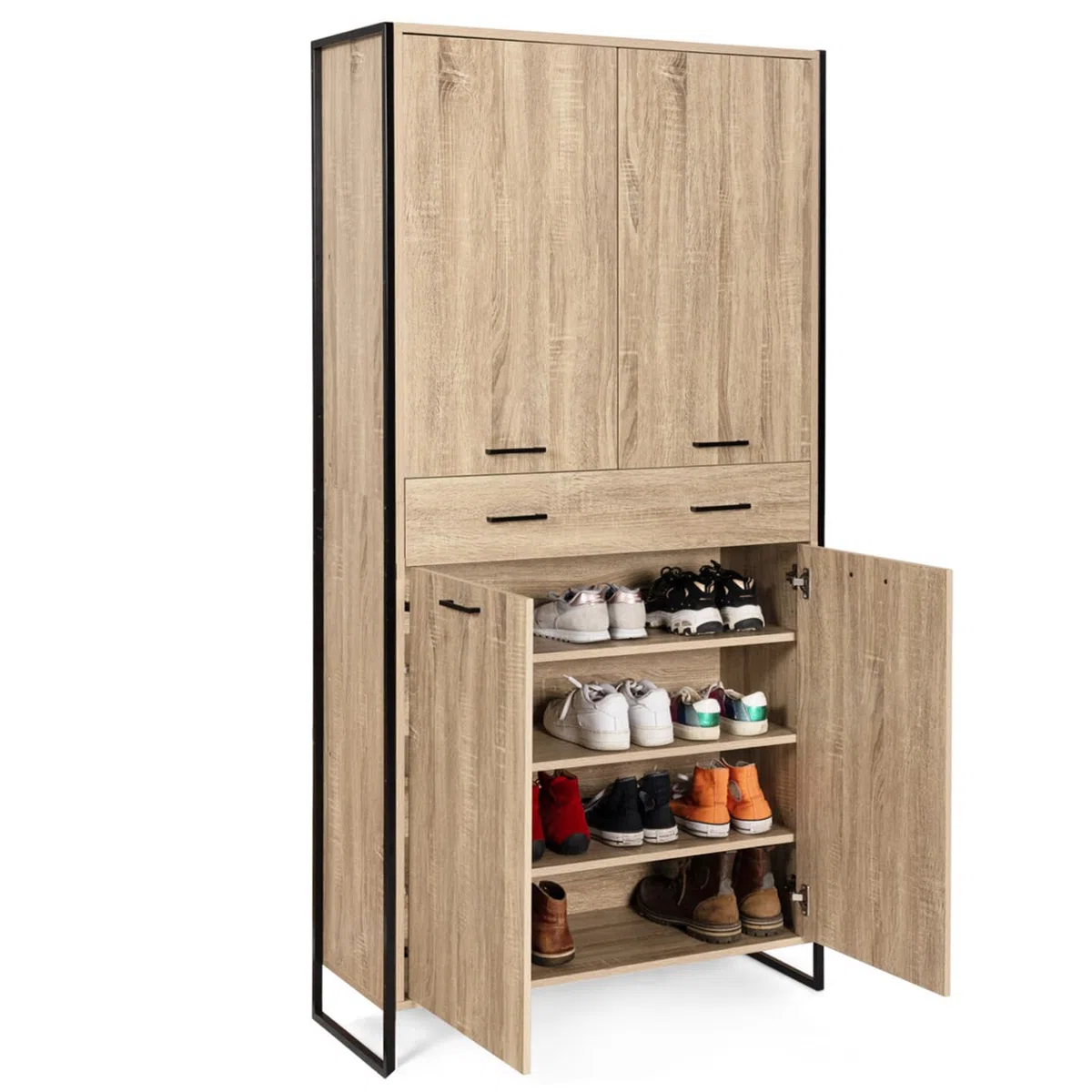 IDMarket - Zapatero 24 pares LUIS 4 puertas 1 cajón diseño industrial H. 180 cm