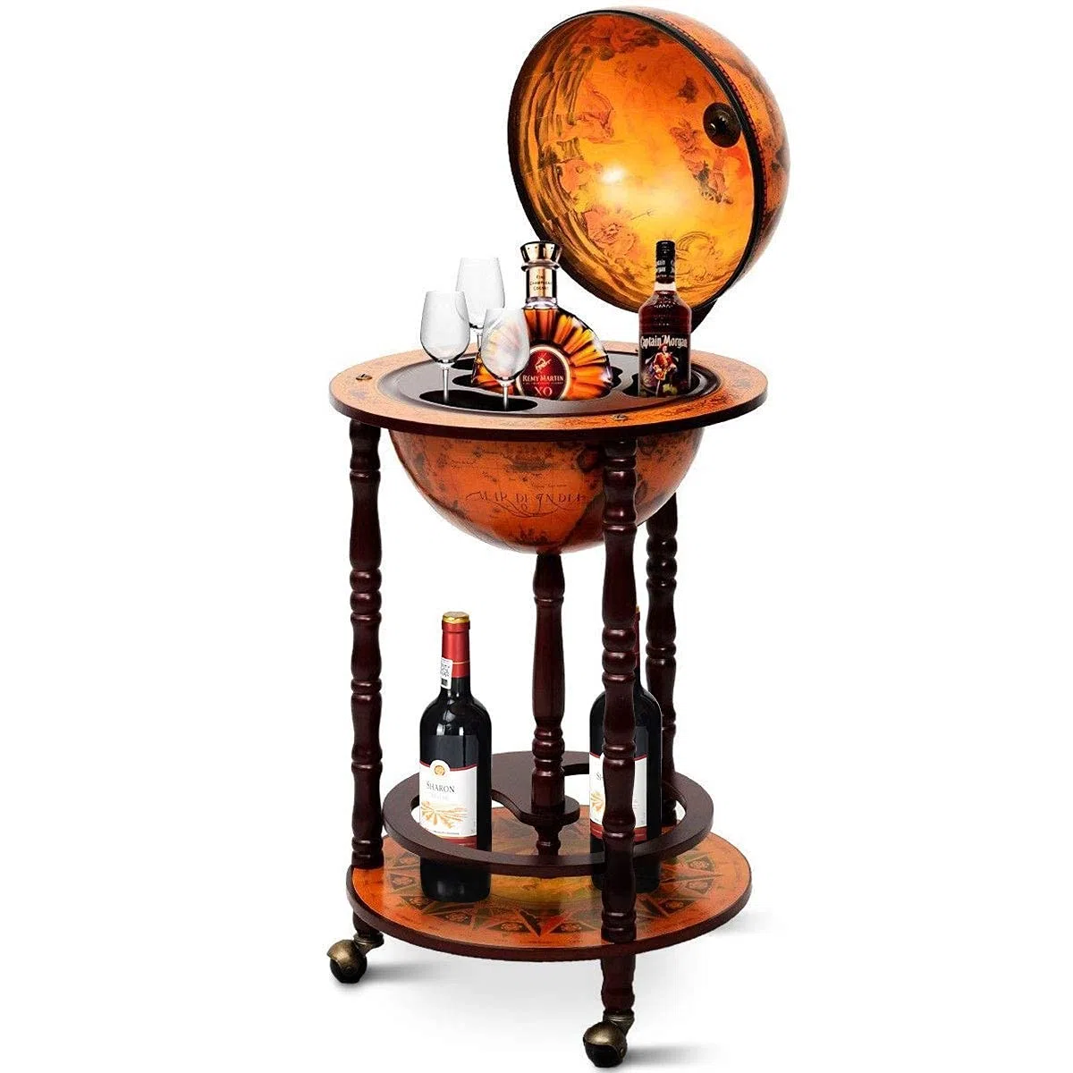 COSTWAY Globus Bar de Madera, Barra de Globo, con Ruedas, Carrito de Bar, Bar, botellero 45 x 45 x 88 cm, marrón, Aprox. 45 x 45 x 88 cm (Largo x Ancho x Alto) | Mueble Bar de Globo Terráqueo con Ruedas, Botellero Minibar Retro para Vino Cóctel Whisky