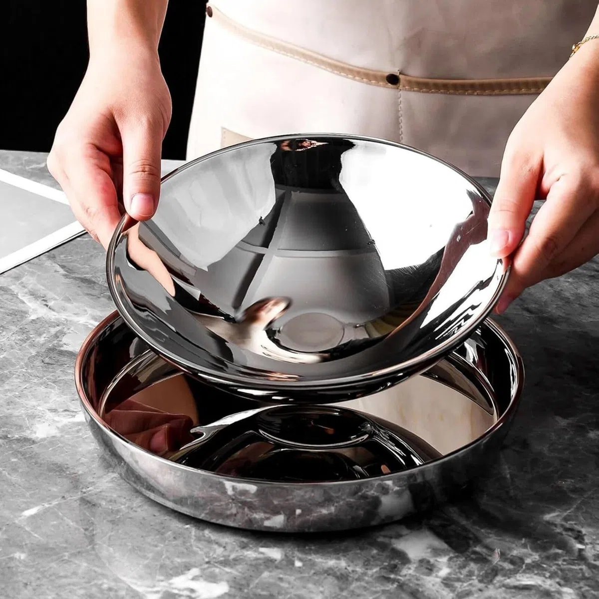 Juego de platos y cuencos de acero inoxidable de 7 piezas, bandeja esférica de doble capa aislada dividida, para el hogar, cocina, restaurante, comedor comercial