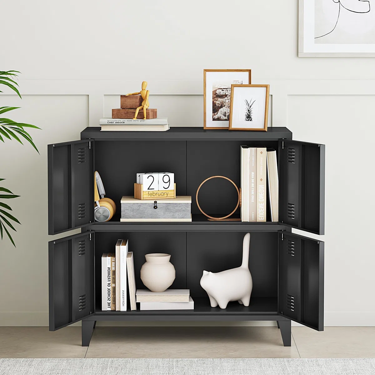 [en.casa] Armario Archivador Hamina Aparador Mueble de Oficina Estudio Garaje con 2 Compartimentos y 4 Puertas con Ranuras de Ventilación Acero 82 x 80 x 40 cm - Negro
