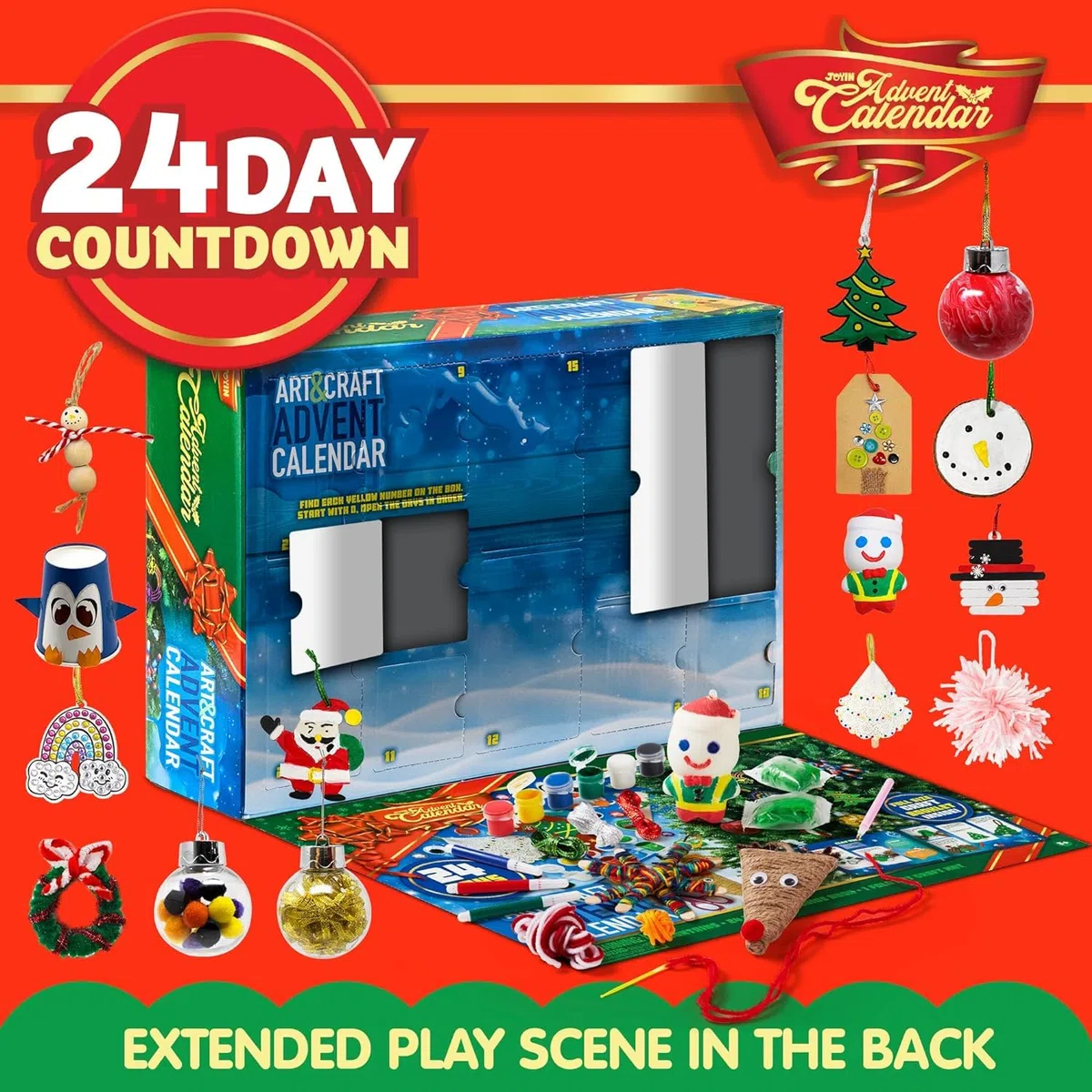 JOYIN Calendario de Adviento de Navidad 2025, calendario de Adviento de 24 días con arte y manualidades navideñas, tijeras, pegamento, cordones, pinturas, acuarelas, regalos para fiestas navideñas