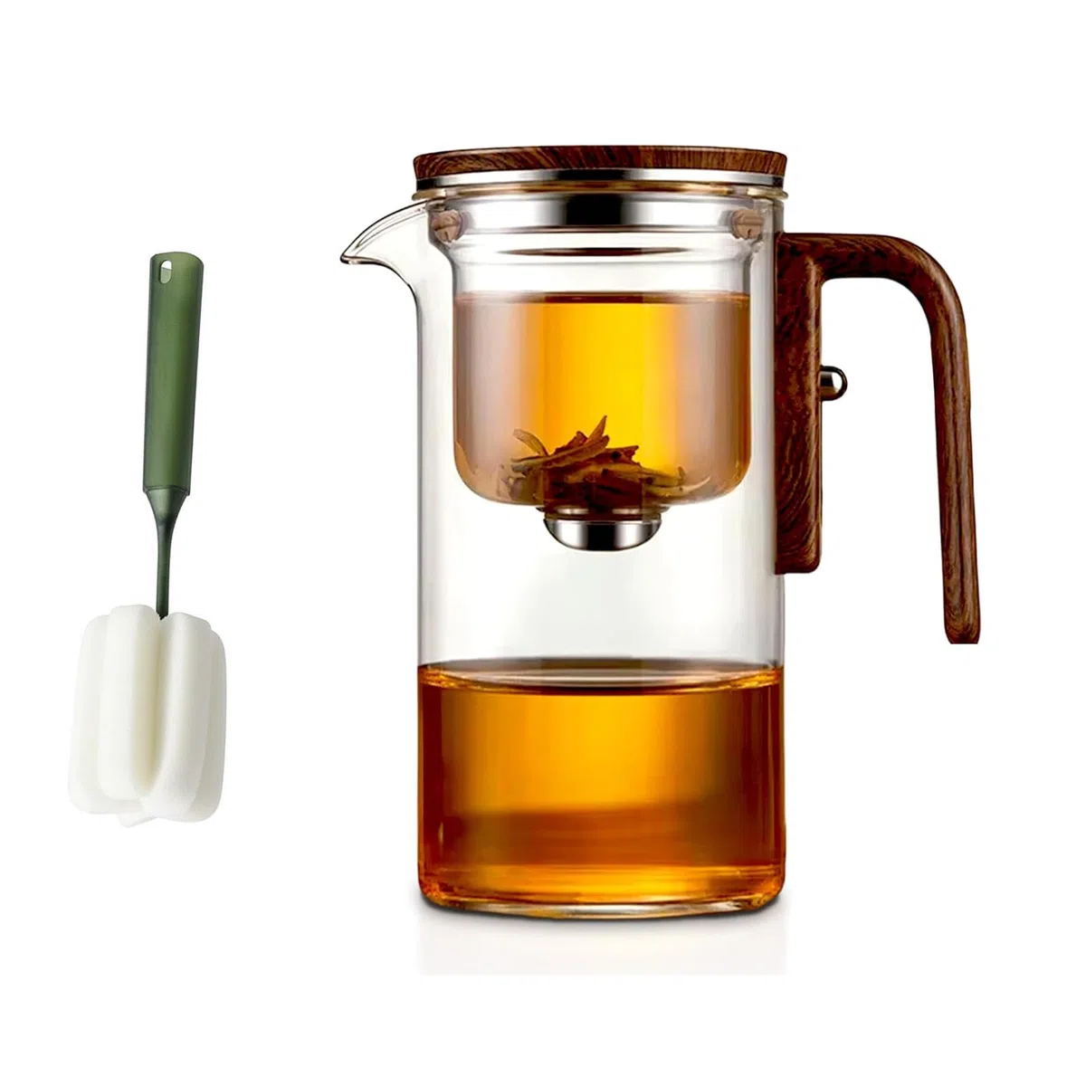 Enchantipot Magic Tea Pote Enchanti Tea Pot, Vaso de Separación de Agua con Mano de Madera, Teapot de Control por Presión para Té Libre, Tejedura de Sazón (520 Transparente)