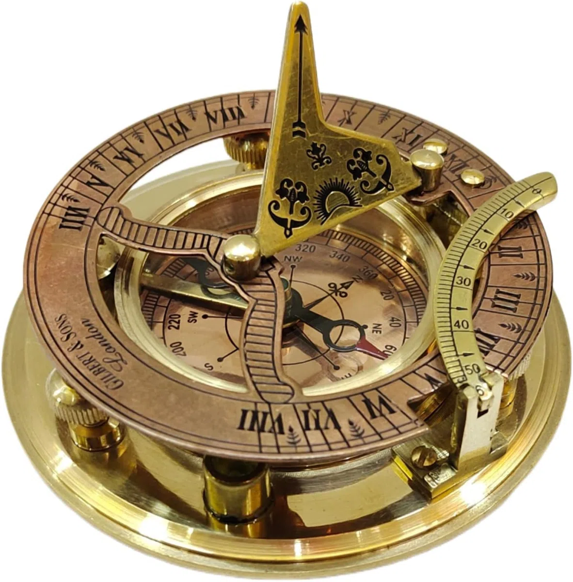Reloj de sol de latón hecho a mano con instrumento de navegación vintage, brújula en regalo