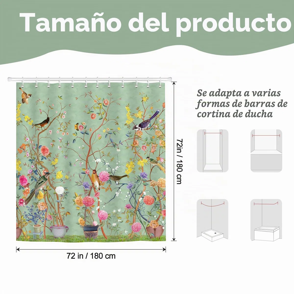 Cortina de Ducha con diseño artístico con Fondo Verde, Motivos de árboles, pájaros y Flores, Cortina de Ducha Impermeable para la decoración del baño, 180 x 180 cm con 12 Ganchos