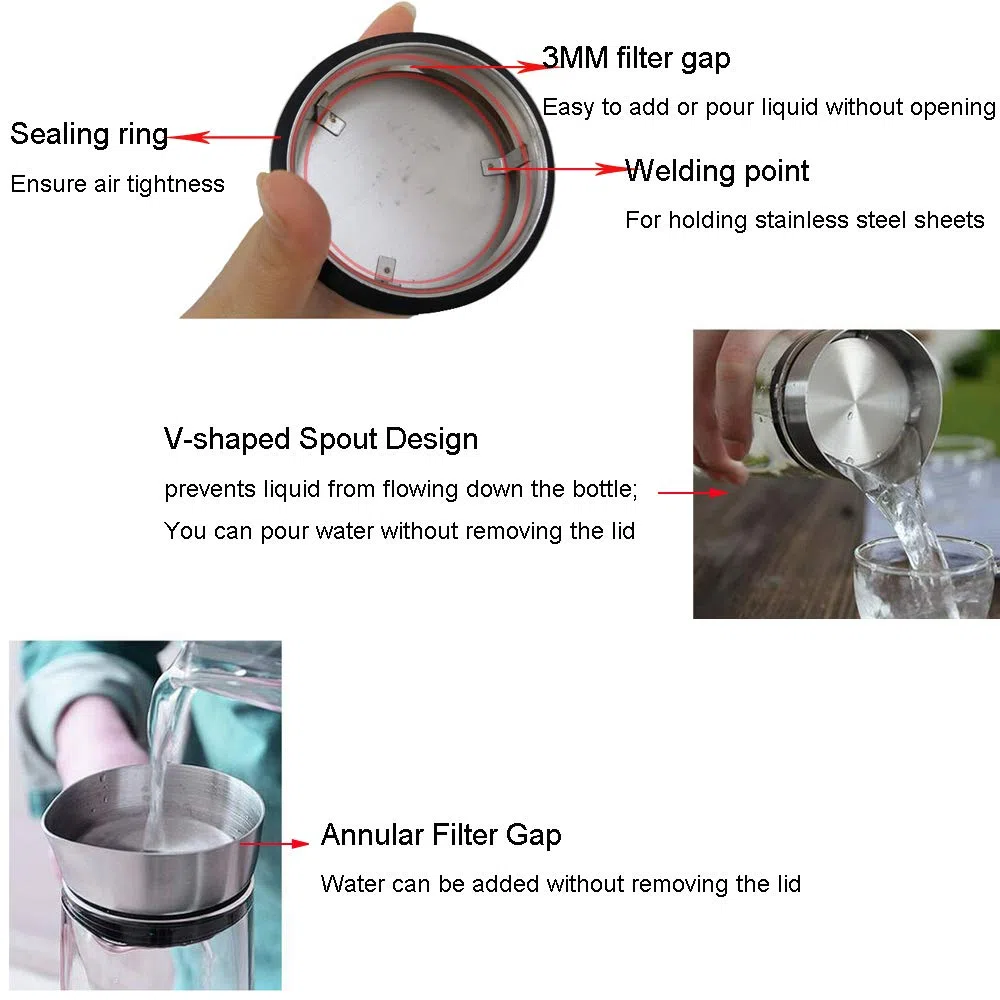 Jarra con tapa Buwico de 1 L para agua o botella de zumo, de cristal de borosilicato con tapa de acero inoxidable, para té helado, infusiones, agua, leche, zumo, limonada y bebidas espumosas, cristal de borosilicato, 1 litro