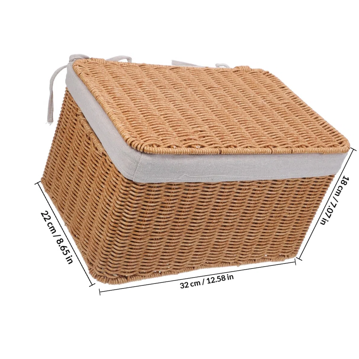 Cesta Rectangular de Mimbre Sintético con Tapa y Forro Interior, Tamaño Mediano 32x22x18 Cm, Organizador Versátil para Ropa, Libros y Artículos del Hogar, Cesta de Almacenaje