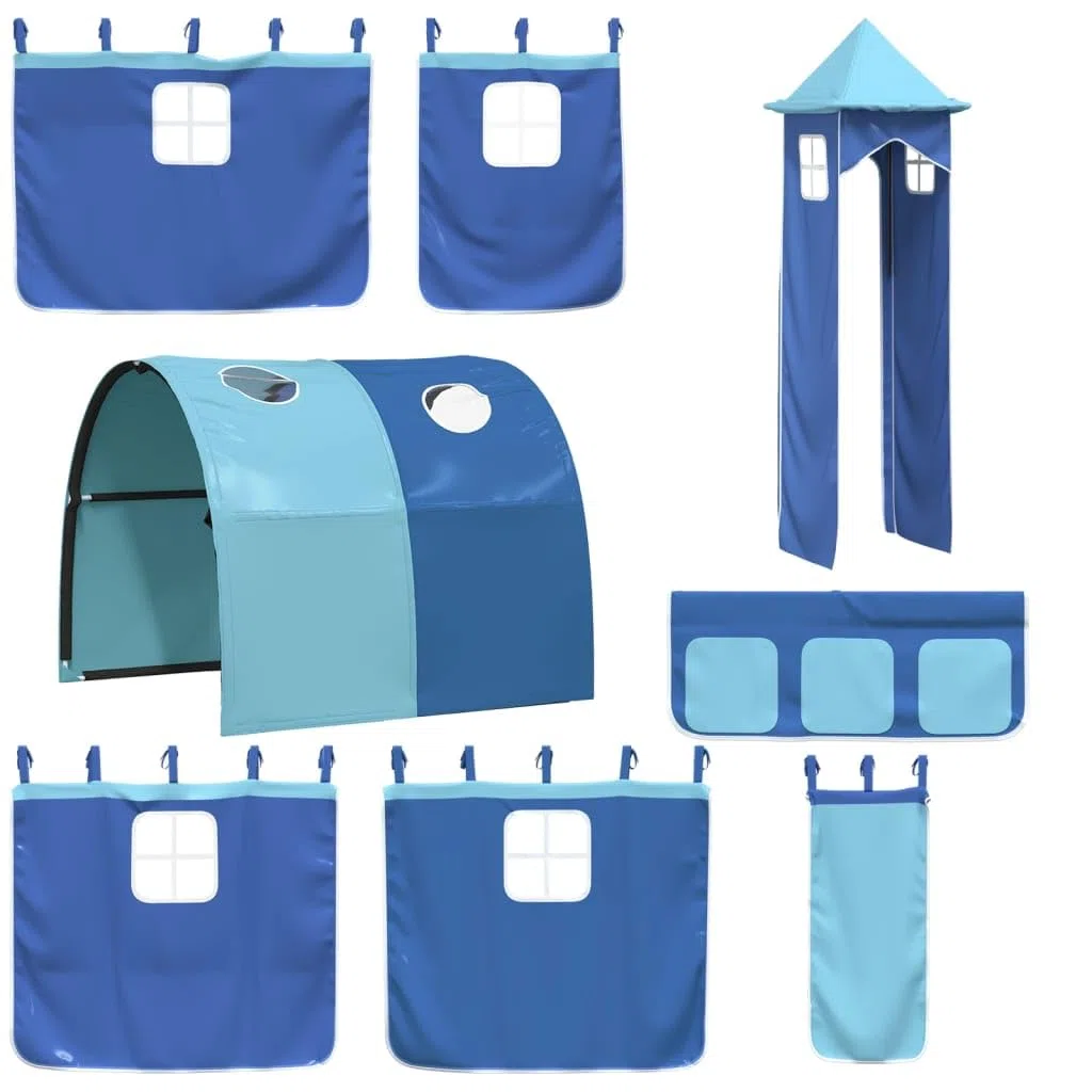 Cortinas para cama alta con túnel y torre azul de poliéster, accesorios de cama para habitación infantil, 3 bolsillos, apto para somier con somier y soporte estable, cómoda zona de juego