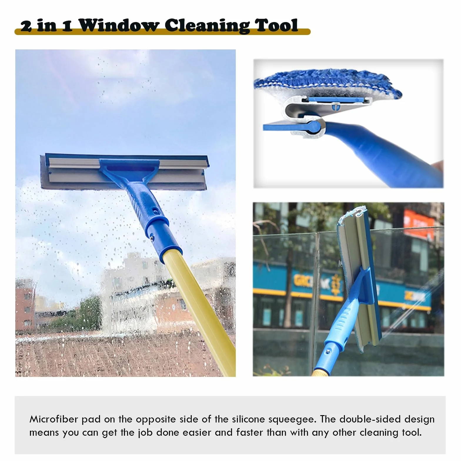 Kit de limpiador de ventanas telescópico con escobilla de goma para limpieza de vidrio de alto alcance, interior y exterior
