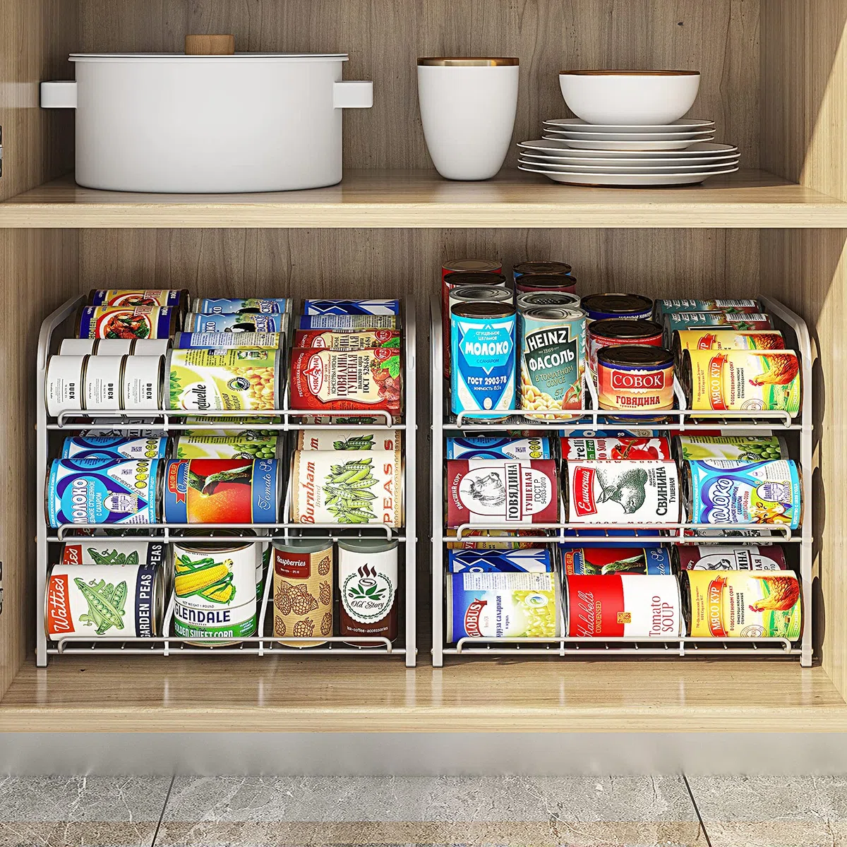 Organizador de Latas Apilable de 3 Niveles - Dispensador de Almacenamiento Para 36 Latas - Para Alimentos, Armarios de Cocina o Despensa - Color Plateado