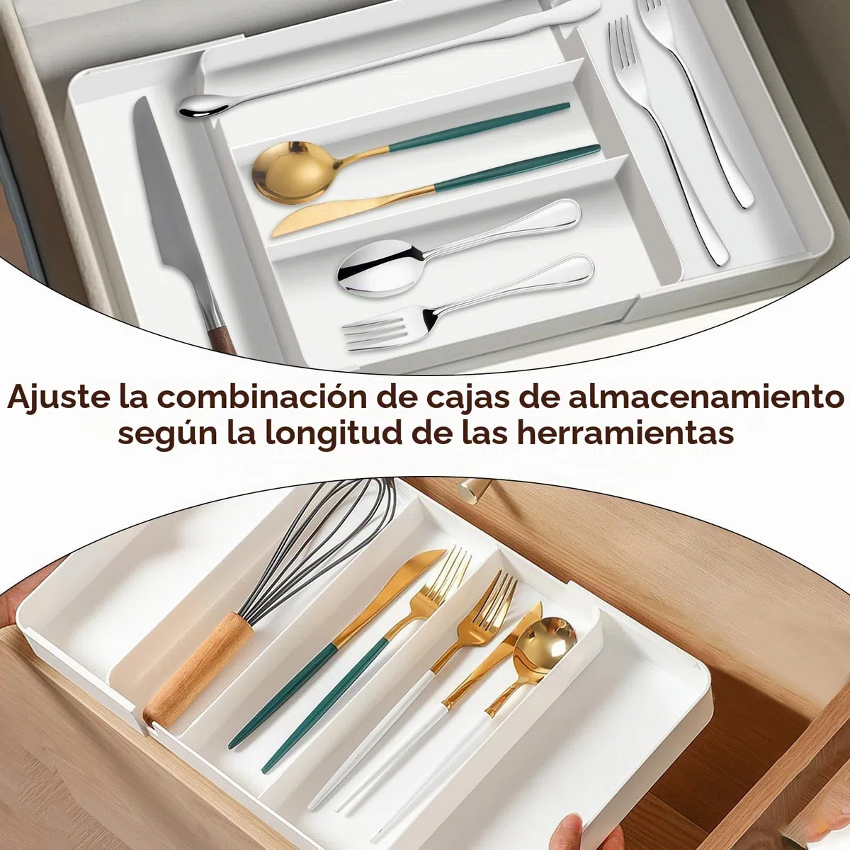 2 Piezas Cuberteros para Cajon Cocina, Ajustable Organizador Cubiertos para Cajon, Expandible Organizador Cajones Cocina, Profundidad 27 cm, Ampliable a 45,5 cm, para Cubiertos
